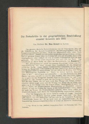 Die Fortschritte in der geographischen Erschließung unserer Kolonien seit 1910.