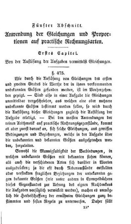 Fünfter Abschnitt. Anwendung der Gleichungen und Proportionen auf practische Rechnungsarten.