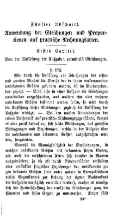 Fünfter Abschnitt. Anwendung der Gleichungen und Proportionen auf practische Rechnungsarten.