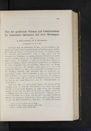 Über die spezifischen Wärmen und Schmelzwärmen der isomorphen Substanzen und ihrer Mischungen.