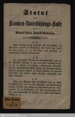 Statut der Kranken-Unterstützungs-Kasse der Albert'schen Fabrik-Arbeiter