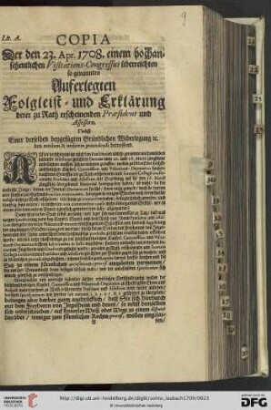 Copia der den 23. Apr. 1708 einem hochansehentlichen Visitations - Congressui überreichten [...]