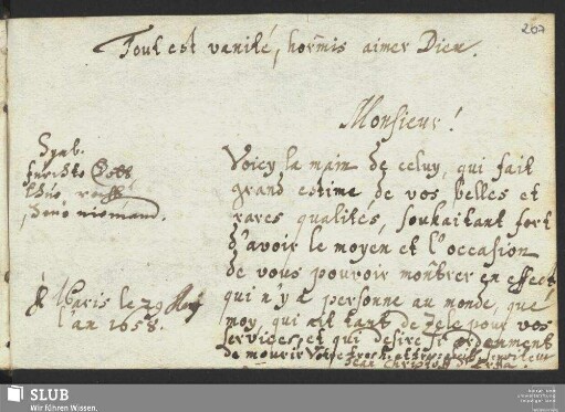 Bl. 207r: Johann Christoph Cotta [?]. Paris, 1658.