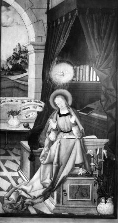 Maria der Verkündigung : Maria der Verkündigung. Tafelmalerei (um 1520/1530). Sonthofen (Kreis Oberallgäu), Friedhofskapelle Sankt Sebastian und Afra