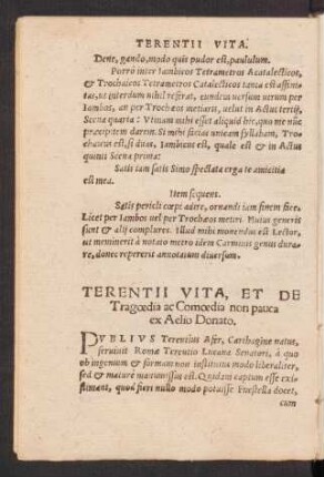 Terentii Vita, Et De Tragoedia ac Comoedia non pauca ex Aelio Donato.