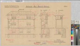 Revisionszeichnung: Stellwerk "Bor" auf Bahnhof Borbeck, Blatt 2: Seitenansicht, Schnitte [mit Korrekturen], M. 1:50 Hgs, Sknr.: 1, Fanr.: 9, Bunr.: 4