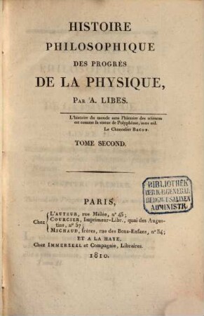 Histoire philosophique des progrès de la physique. 2
