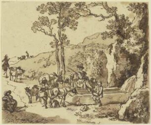 Hirtenszene an einem Brunnen, Schafe und Maulesel nähern sich der Tränke, an der eine Reiterin ihr Pferd tränkt