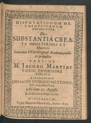 Disputationum Metaphysicarum Decima Nona. De Substantia Creata Immateriali Et Materiali