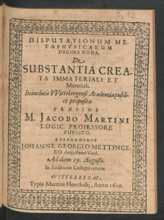 Disputationum Metaphysicarum Decima Nona. De Substantia Creata Immateriali Et Materiali