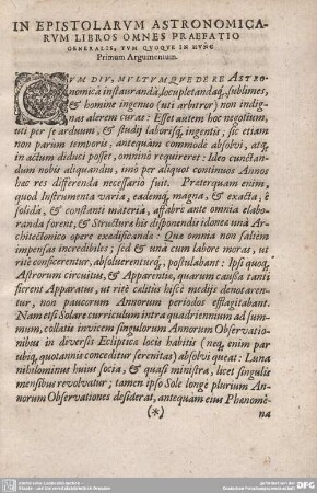 IN EPISTOLARUM ASTRONOMICARUM LIBROS OMNES PRAEFATIO GENERALIS, TUM QUOQUE IN HUNC Primum Argumentum.