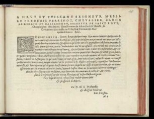 Dedikation an Messire Frederic, Baron von Renaix und Aspremont, von Jean de Castro