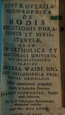 Controversia Philosophica De Modis Ubicationis Durationis Et Subsistentiae