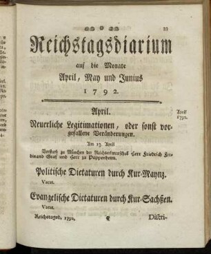 Reichstagsdiarium auf die Monate April, May und Junius 1792.
