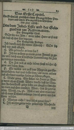 Das Erste Capitel. Ein Gespräch zwischen einen Evangelischen Prediger und einen Evangelischen Christen