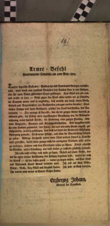 Armee-Befehl Hauptquartier Cittadella am 2ten May 1809.