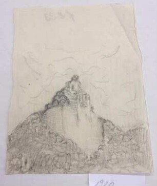 [Bismarckdenkmal in felsiger Landschaft mit Sitzstatue als Bekrönung]