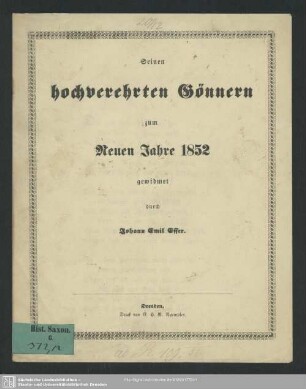 Seinen hochverehrten Gönnern zum Neuen Jahre 1852