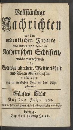 Fünftes Stück. Auf das Jahr 1752