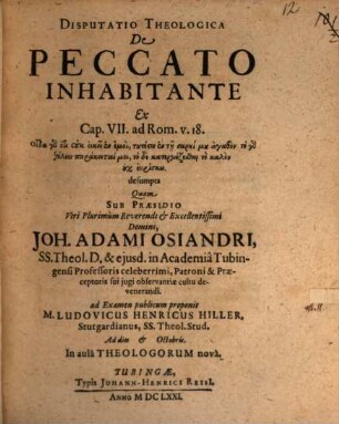 Disputatio Theologica De Peccato Inhabitante : Ex Cap. VII. ad Rom. v. 18. ... desumpta