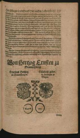 Wappen. Ernestus Hertzog zu Braunscheig etc.und Elisabeth geborne Hertzogin zu Sagan.
