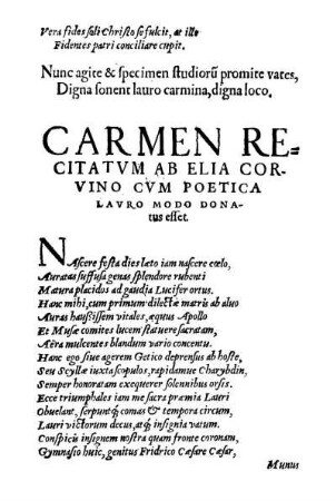 Carmen Recitatum Ab Elia Corvino Cum Poetica Lauro Modo Donatus esset