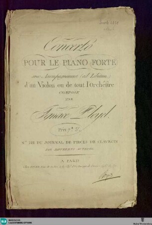 Concerto pour le piano forte : avec accompagnement (ad libitum) d'un violon ou de tout l'orchestre
