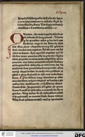 Incipit notabilis questio de custodia lingue et corde bene ruminanda venerabilis magistri Johannis Gerson, sacre theologie doctoris preclarissimi et cancellarii Parisiensis.