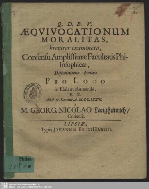 1: Aequivocationum moralitas, breviter examinata, ... disputatione