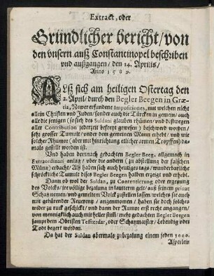 Extract, oder Gründlicher bericht/ von den unsern auß Constantinopel beschriben und außgangen/ den 14. Aprilis/ Anno 1589.