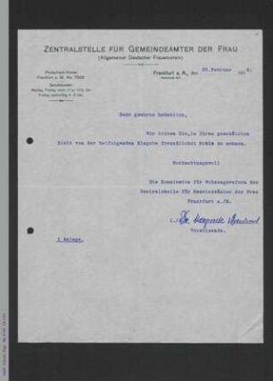 Brief der Zentralstelle für Gemeindeämter der Frau an eine Redaktion