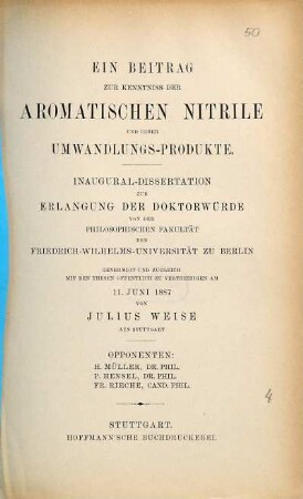 Ein Beitrag zur Kenntniss der aromatischen Nitrile und ihrer Umwandlungsprodukte