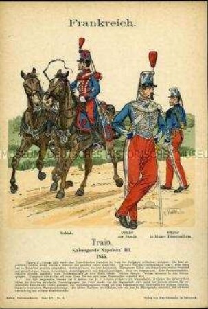 Uniformdarstellung, Gemeiner und Offiziere des Trains der Kaisergarde, Zweites Kaiserreich Frankreich, 1855.