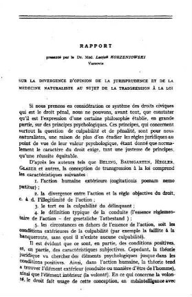 347-360, Rapport: Sur la divergence d'opinion de la jurisprudence et de la médecine naturaliste au sujet de la transgression á la loi