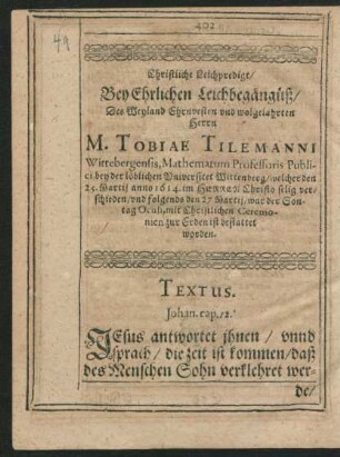 Christliche Leichpredigt/ ... Herrn M. Tobiae Tilemanni ...