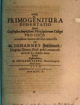 De Primogenitura Dissertatio : = Bēkôrā