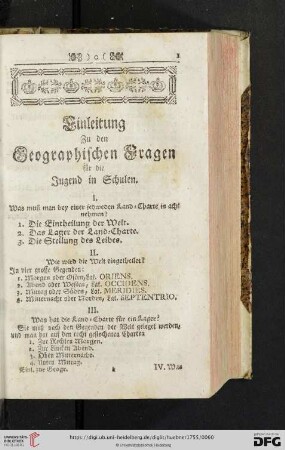 Einleitung zu den geographischen Fragen für die Jugend in Schulen