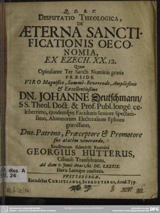 Disputatio theologica de aeterna sanctificationis oeconomia, ex Ezech. XX,12