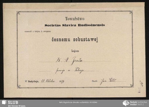 Towaŕstwo Societas Slavica Budissinensis wuzwoli z tutym k swojemu česnemu sobustawej knjeza K. A. Jenča fararja w Palowje