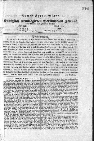 Neues Extra=Blatt der Königlich privilegirten Berlinischen Zeitung von Staats- und Gelehrten Sachen. N[umer]o 129. (Sammlung Friedlaender)