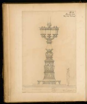 Platzgestaltung vor dem Brandenburger Tor, Berlin Monatskonkurrenz Januar 1876: Ansicht des Fußes der Fahnenstange mit Kandelaber; Maßstabsleiste