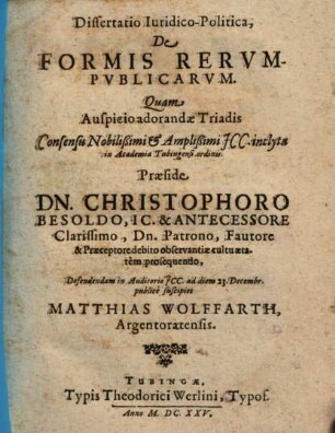 Dissertatio Iuridico-Politica, De Formis Rerumpublicarum