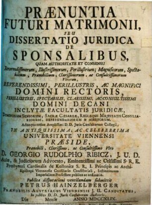 Praenuntia Futuri Matrimonii Seu Dissertatio Iuridica De Sponsalibus