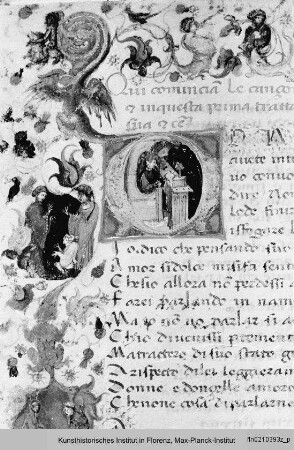 Dante Alighieri: Canzoniere : Zweispaltige Textseite mit Bordürenrahmen und historisierter Initiale D: Dichter an seinem Pult