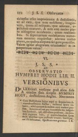 VI. J. S. S. Ad Observatio Humfrey Hodii Lib. II. De Versionibus