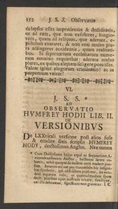 VI. J. S. S. Ad Observatio Humfrey Hodii Lib. II. De Versionibus