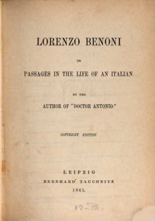 Lorenzo Benoni or passages in the life of an Italian