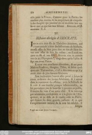 XV. Histoire abrégée d'Isocrate.