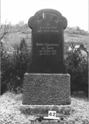Grabstein 42 (Index: 99805046) Material: geschliffener Granit Maße HxBxT: 161x67x25 cm Beschreibung: Stele auf gestuftem Sockel mit geschmücktem Rundbogen Symbolik: drei vierzackige Sterne im Rundbogen: Grabstein 42