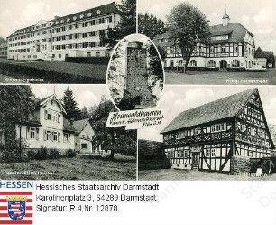 Hochwaldhausen im Vogelsberg, Einzelansichten / v. l. n. r. oben: Genesungsheim, Hotel Felsenmeer / unten: Pension Stirm-Heuser, Teufelsmühle